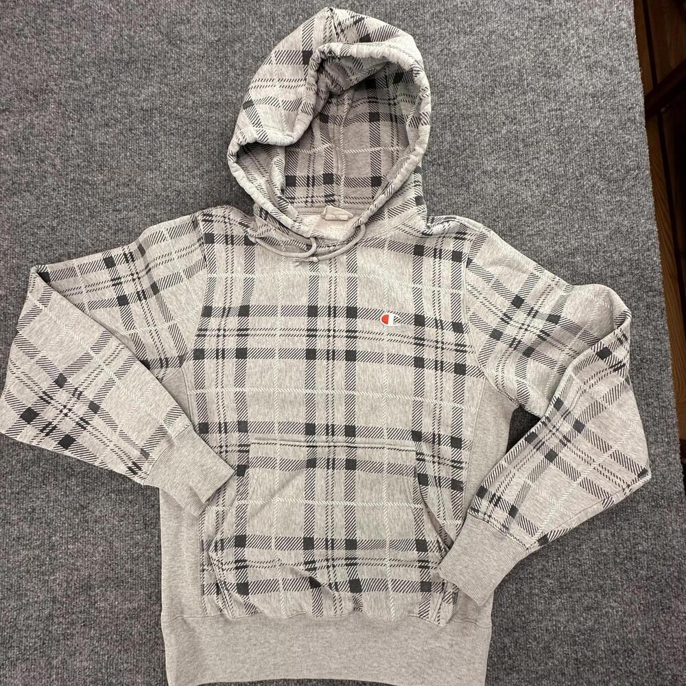 Champion Reverse Weave Gray Plaid Hoodie Mens Small S2974 Sweatshirt